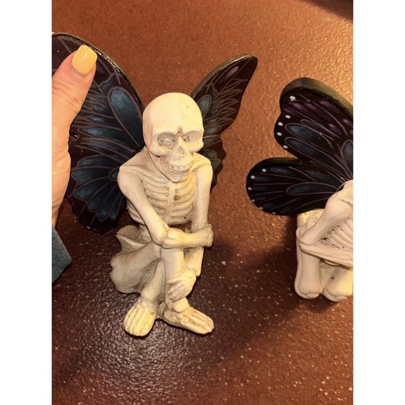 Set Of Two Skeleton Fairy Figurine With Purple & Blue Wings - Resin - 6" Tall - Picture 6 of 11
